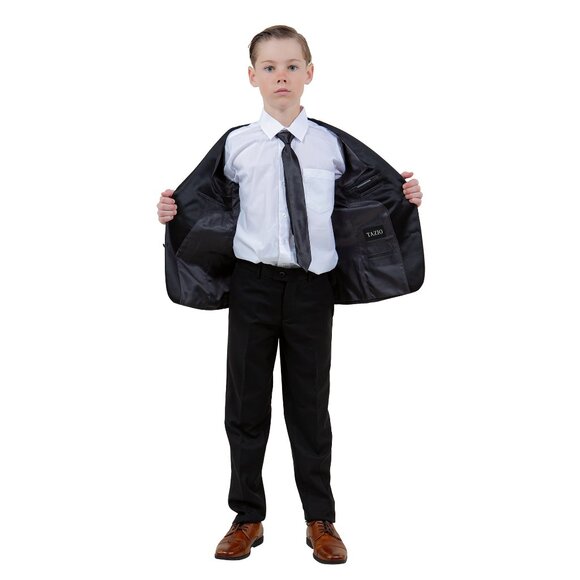 Boys 4pc Charcoal Suit Set Slim-Fit w/ Tuxedo Look by Tazzio - Picture 4 of 4